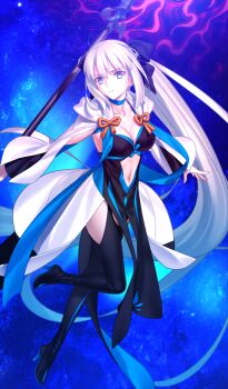 1girl black_boots black_bow black_dress blue_background blue_bow blue_choker blue_eyes blue_hair boots bow braid breasts choker cleavage clothing_cutout commentary_request dress fate/grand_order fate_(series) floating_hair full_body game_cg gradient_hair hair_bow high_heel_boots high_heels holding holding_polearm holding_weapon hood hood_down hooded_shrug long_dress long_hair long_sleeves medium_breasts morgan_le_fay_(fate) morgan_le_fay_(second_ascension)_(fate) multicolored_hair navel official_art outstretched_arm overskirt pelvic_curtain polearm ponytail shrug_(clothing) sidelocks skirt sleeveless sleeveless_dress solo standing stomach_cutout strapless strapless_dress takeuchi_takashi tassel thigh_boots third-party_source train_(clothing) very_long_hair weapon white_hair white_shrug white_skirt wide_sleeves