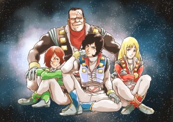 1girl 3boys alfin belt black_hair blonde_hair brown_hair closed_mouth crusher_joe freckles full_body gloves jacket joe_(crusher_joe) long_hair looking_at_viewer multiple_boys retro_artstyle ricky_(crusher_joe) scar smile space star_(sky) talos_(crusher_joe) teikoku_jokyoku vest