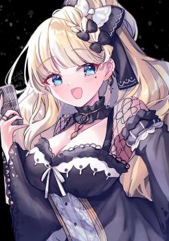 1girl :d black_background black_bow black_choker blonde_hair blue_eyes bow breasts cellphone choker cleavage commentary_request detached_sleeves earrings frilled_choker frills hair_bow hand_up highres holding holding_phone jewelry karingityou large_breasts long_hair long_sleeves looking_at_viewer mahou_shoujo_no_majo_saiban open_mouth phone saeki_miria smartphone smile solo upper_body