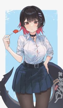 Rule 34 | 1girl, absurdres, black choker, black hair, black pantyhose, blue skirt, blush, breasts, choker, closed mouth, colored inner hair, commentary request, ellen joe, fins, fish tail, hand on own hip, highres, large breasts, looking at viewer, muginosa, multicolored hair, pantyhose, pleated skirt, red eyes, red hair, shark girl, shark tail, shirt, short hair, skirt, sleeves rolled up, solo, tail, two-tone hair, white shirt, zenless zone zero