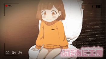 1girl animated animated_gif arm_support blush blush_stickers bottomless brown_hair buddy_daddies cleft_of_venus closed_mouth female_focus flower hair_flower hair_ornament hairclip joutarou_(punianikobo) loli long_sleeves open_mouth orange_eyes orange_sweater pussy recording short_hair sitting smile solo spread_legs sweater teeth toilet tongue unasaka_miri uncensored upper_teeth_only viewfinder voyeur_pov voyeurism