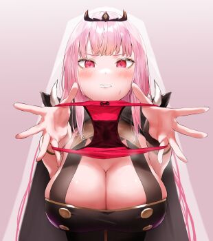 1girl absurdres black_cloak black_dress blush bow bow_panties breasts clenched_teeth cloak dress hands_up highres holding holding_panties holding_underwear holding_unworn_clothes hololive hololive_english kuroi_suna large_breasts long_hair looking_at_viewer mori_calliope mori_calliope_(1st_costume) outstretched_arms panties pink_hair presenting_removed_panties red_eyes red_panties revision simple_background sleeveless sleeveless_dress solo teeth tiara underwear unworn_panties upper_body veil virtual_youtuber