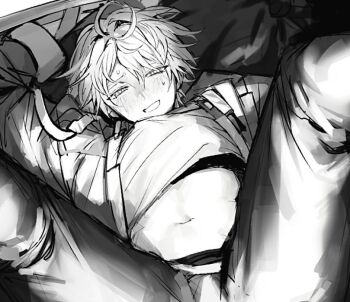 1boy antenna_hair arm_ribbon arm_up blush caelus_(honkai:_star_rail) coat commentary greyscale hair_between_eyes honkai:_star_rail honkai_(series) hood hooded_coat lapels legs_up lilll_ui long_sleeves looking_at_viewer lying male_focus midriff monochrome navel on_back open_clothes open_coat open_mouth ribbon shirt short_hair smile solo spread_legs sweat symbol-only_commentary t-shirt trailblazer_(honkai:_star_rail) trash_bag