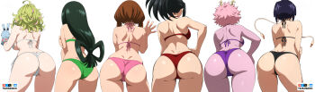 Rule 34 | 6+girls, artist logo, ashido mina, ass, ass focus, asui tsuyu, bikini, black bikini, black hair, boku no hero academia, colored skin, from behind, gloves, green bikini, green hair, hagakure toru, hair rings, hand on own arm, hand on own hip, highres, jiro kyoka, lineup, logo, long hair, medium hair, multiple girls, pink bikini, pink hair, pink skin, purple bikini, purple hair, red bikini, short hair, simple background, swimsuit, tsuranukko, uraraka ochako, v, waving, white background, white bikini, yaoyorozu momo