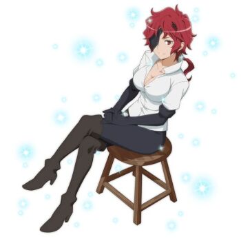 1girl breasts cleavage dungeon_ni_deai_wo_motomeru_no_wa_machigatteiru_darou_ka eyepatch hephaistos_(danmachi) large_breasts official_art red_hair smile source_request