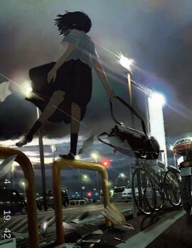 1girl bag balancing bicycle bicycle_basket black_hair black_skirt black_socks car cloud cloudy_sky flying_paper from_behind from_below holding kneehighs lamppost motor_vehicle night original outdoors paper road scenery school_uniform shirt shoes short_hair short_sleeves skirt sky socks solo standing utwob0 vhs_artifacts white_shirt wind