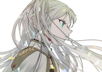 1girl absurdres blurry blurry_background capelet character_name commentary_request earrings elf frieren from_side gem green_eyes grey_hair hana_(h6n6_matsu) high_collar highres jewelry long_hair parted_lips pointy_ears profile red_gem simple_background solo sousou_no_frieren teardrop_earrings twitter_username upper_body white_background white_capelet