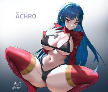 1girl achromaru bikini black_bikini blue_hair breasts closed_mouth commentary curvy gloves grey_background large_breasts long_hair navel nintendo pokemon pokemon_frlg red_eyes red_thighhighs sabrina_(pokemon) shrug_(clothing) smile solo spread_legs squatting stomach swimsuit thick_thighs thighhighs thighs very_long_hair w white_gloves