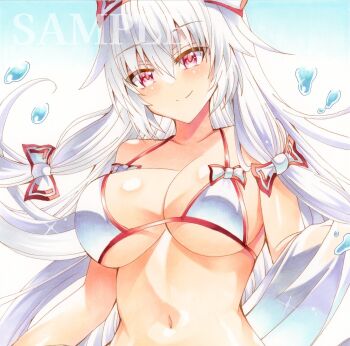 1girl bikini bow bow_bikini breasts choppy_bangs closed_mouth commentary_request fujiwara_no_mokou hair_between_eyes hair_bow highres huyugiri_luna large_breasts long_bangs long_hair looking_at_viewer marker_(medium) navel pink_eyes sample_watermark smile solo split_mouth stomach string_bikini swimsuit touhou traditional_media upper_body water_drop watermark white_background white_bikini white_bow white_hair
