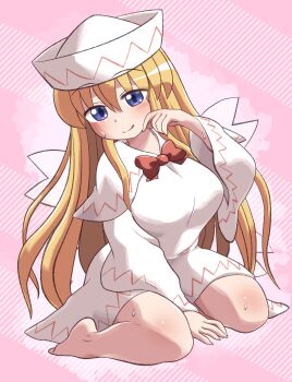 1girl bare_legs barefoot between_legs blonde_hair blue_eyes bow bowtie breasts capelet dress fairy_wings finger_to_mouth hand_between_legs hat highres large_breasts licking_lips light_blush lily_white long_hair looking_at_viewer pink_background rokugou_daisuke sitting solo straight_hair sweat tongue tongue_out touhou very_long_hair wariza white_dress wings