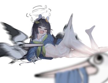 1girl animal_ears bird black_hair blue_archive blue_shirt blush closed_eyes clothes_lift commentary_request fake_animal_ears gloves green_neckerchief grey_halo halo highres leaf leaf_on_head long_hair long_sleeves lying miyu_(blue_archive) neckerchief no_shoes on_side open_mouth panties panties_under_pantyhose pantyhose pennanima_1 rabbit_ears seagull shirt shirt_lift simple_background tearing_clothes torn_clothes torn_pantyhose underwear white_background white_gloves white_panties white_pantyhose