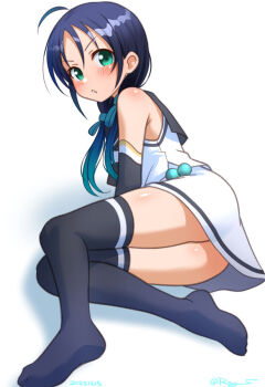 Rule 34 | 1girl, ass, black hair, black neckerchief, blue eyes, blue hair, blush, commentary request, elbow gloves, gloves, gradient hair, green eyes, hair ribbon, kantai collection, long hair, looking at another, low twintails, lying, multicolored hair, neckerchief, ray.s, ribbon, sailor collar, school uniform, serafuku, shirt, skirt, sleeveless, sleeveless shirt, suzukaze (kancolle), thighhighs, twintails, white serafuku, white shirt, white skirt