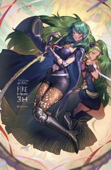 2boys 4girls ass blonde_hair blue_eyes blue_hair bodice braid breasts bustier claude_von_riegan claude_von_riegan_(timeskip) cleavage closed_mouth clothing_cutout dagger dimitri_alexandre_blaiddyd dimitri_alexandre_blaiddyd_(timeskip) dress edelgard_von_hresvelg edelgard_von_hresvelg_(timeskip) eyepatch female_byleth_(fire_emblem) fire_emblem fire_emblem:_three_houses green_eyes green_hair hair_between_eyes hair_ornament hair_ribbon highres holding knife large_breasts long_hair medium_breasts medium_hair multiple_boys multiple_girls navel navel_cutout nintendo one_eye_covered pantyhose pantyhose_under_shorts parted_lips patterned_legwear pointy_ears print_pantyhose rhea_(fire_emblem) ribbon ribbon_braid shorts smile sothis_(fire_emblem) sword_of_the_creator teeth tiara twin_braids vambraces velahka weapon