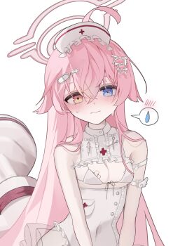 1girl 3: absurdres ahoge alternate_costume arm_strap bare_shoulders blue_archive blue_eyes blush breasts cleavage closed_mouth commentary covered_navel crossed_bangs eyebrows_hidden_by_hair frilled_hat frilled_leotard frills hair_between_eyes hair_over_shoulder halo hat heart heart_o-ring heterochromia highres hoshino_(blue_archive) large_syringe leotard loli long_hair looking_at_viewer nurse nurse_cap nyangpan o-ring o-ring_arm_strap oversized_object pink_hair pink_halo simple_background small_breasts solo speech_bubble spoken_sweatdrop straight_hair sweatdrop symbol-only_commentary syringe upper_body very_long_hair white_background white_leotard yellow_eyes