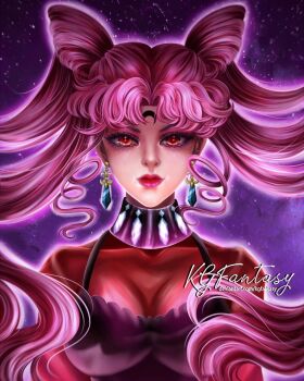 1girl aged_up bishoujo_senshi_sailor_moon black_dress black_eyeliner black_lady_(sailor_moon) breasts chibi_usa cleavage collarbone cone_hair_bun crescent crescent_facial_mark crystal_earrings dark_persona double_bun dress earrings eyeliner eyeshadow facial_mark forehead_mark hair_bun highres jewelry k.g.fantasy long_hair looking_at_viewer makeup pink_eyeshadow pink_hair pink_sailor_collar red_eyes red_lips sailor_collar see-through_clothes smile solo twintails very_long_hair