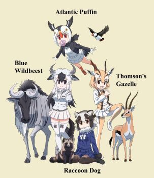 4girls animal_collar animal_ears ascot atlantic_puffin_(kemono_friends) beige_background bird black_eyes black_footwear black_hair black_jacket black_legwear black_scarf blonde_hair blouse blue_shirt blue_wildebeest_(kemono_friends) bob_cut bow bowtie brown_eyes character_name closed_mouth collar collared_shirt commentary_request creature_and_personification deer_ears deer_tail english_text extra_ears flying fur-trimmed_sleeves fur_collar fur_trim gazelle head_wings highres horns jacket japari_symbol kemono_friends kemono_friends_2 leg_up long_hair long_sleeves looking_at_viewer miniskirt mouth_hold multicolored_hair multiple_girls name_connection open_mouth cow_ears cow_horns pantyhose personification pleated_skirt puffin raccoon_ears red_eyes red_footwear red_hair red_legwear scarf school_uniform scrunchie serafuku shirt shoes short_hair short_sleeves simple_background sitting skirt smile socks standing standing_on_one_leg sweater tail tanuki tanuki_(kemono_friends) thighhighs thomson's_gazelle_(kemono_friends) two-tone_hair v-neck wariza white_hair white_neckwear white_scrunchie white_shirt white_skirt white_sweater wildebeest wings yamaguchi_yoshimi yellow_background yellow_legwear yellow_neckwear