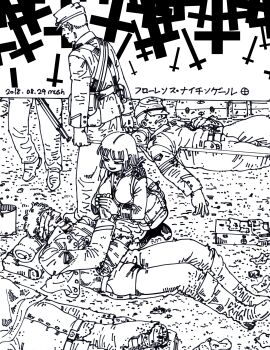 1girl 5boys absurdres american_civil_war amputee arm_sling bag bandages bandages_over_eyes beard blood bloody_bandages braid braided_ponytail breasts character_name combat_medic commentary_request corpse covered_eyes covered_face cross facial_hair fate/grand_order fate_(series) florence_nightingale_(fate) folded_ponytail from_above gun hat_over_eyes highres holding_hands inverted_cross jacket kneeling large_breasts latin_cross long_hair looking_at_another military_uniform mud multiple_boys mushroom_(osh320) on_ground open_clothes open_jacket out_of_frame outdoors outside_border pants rifle short_hair shoulder_bag smile soldier stretcher translation_request very_short_hair war weapon wide_shot