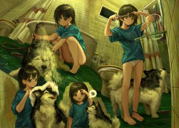 1girl anklet barefoot bathroom bathtub black_eyes black_hair blue_shirt breasts cutting_hair cutting_own_hair dog drying feet hand_on_own_head highres holding holding_scissors holding_shower_head holding_towel jewelry medium_hair multiple_views no_pants original panties scissors sero3eta shirt short_sleeves shower_head showering small_breasts spoken_squiggle squatting squiggle t-shirt tile_floor tile_wall tiles towel underwear white_panties