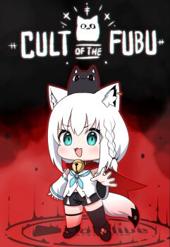 1girl absurdres animal_ear_fluff animal_ears bell black_shorts black_thighhighs blue_neckerchief blush braid cape chibi commentary_request cult_of_the_lamb detached_sleeves earrings fox_ears fox_girl fox_tail green_eyes hair_between_eyes highres hololive hood hoodie jewelry kumarang long_hair looking_at_viewer neck_bell neckerchief open_mouth outstretched_arm parody pentagram red_cape shirakami_fubuki shirakami_fubuki_(1st_costume) short_shorts shorts sidelocks single_braid single_thighhigh solo tail thigh_strap thighhighs virtual_youtuber white_hair white_hoodie