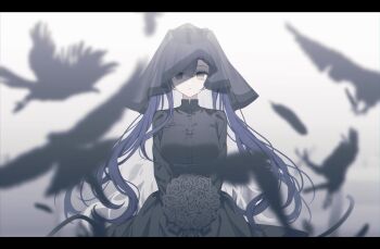 1girl absurdres animal bird black_dress black_flower black_rose blurry blurry_foreground bouquet braid breasts closed_mouth colored_inner_hair commentary_request cowboy_shot dress expressionless flower gradient_background grey_background hair_between_eyes highres holding holding_bouquet letterboxed long_hair long_sleeves looking_at_viewer medium_breasts multicolored_hair original pale_skin partially_shaded_face purple_hair rose see-through_clothes see-through_veil simple_background single_braid solo standing straight-on two-tone_hair veil very_long_hair white_background white_hair yellow_eyes yosio_ex