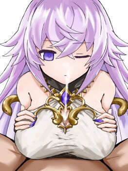 1boy 1girl breasts censored cleavage_cutout clothing_cutout emotionless_sex empty_eyes expressionless grabbing_own_breast grimms_notes hetero highres huge_breasts long_hair magic_mirror_(grimms_notes) mosaic_censoring paizuri paizuri_under_clothes penis pompurinpurin pov pov_crotch purple_eyes purple_hair simple_background solo_focus white_background