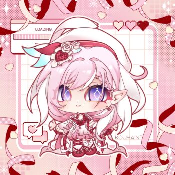 1girl beret border chibi chibi_only commentary diamond-shaped_pupils diamond_(shape) dress earrings elf elysia_(hi_love_elf)_(honkai_impact) elysia_(honkai_impact) english_commentary hat heart heart_earrings highres honkai_(series) honkai_impact_3rd jewelry kouhaint long_hair multicolored_dress multicolored_hair pink_border pink_dress pink_hair pointy_ears purple_eyes red_dress red_shoes shoes smile solo symbol-shaped_pupils two-tone_hair very_long_hair white_dress white_hair