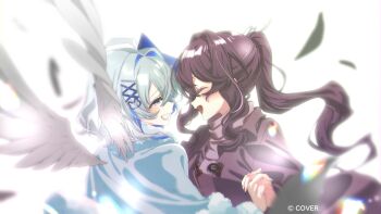 2girls :d ahoge amane_kanata azki_(hololive) black_hair blue_capelet blue_eyes blue_hair bow brown_jacket capelet closed_eyes colored_inner_hair commentary_request copyright_name falling_feathers feathered_wings feathers from_side fur-trimmed_capelet fur_trim grey_hair hair_bow hair_intakes halo highres holding_hands hololive interlocked_fingers jacket long_hair looking_at_another multicolored_hair multiple_girls official_art open_mouth pink_hair pink_streaks ponytail rio_(animator) simple_background smile star_halo streaked_hair sweater tilted_halo turtleneck turtleneck_sweater upper_body virtual_youtuber white_background white_streaks white_wings wings