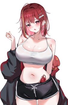 1girl absurdres ahoge akane_lize bare_shoulders black_eyes black_jacket black_shorts blood blood_bag breasts camisole cleavage collarbone commentary cowboy_shot crop_top dolphin_shorts drawstring ear_piercing earrings fang hair_ornament hairclip hand_up highres jacket jewelry large_breasts looking_at_viewer medium_hair midriff mole mole_under_eye multicolored_hair navel off_shoulder open_mouth pienna_(akane_lize) piercing red_hair shirt short_shorts shorts simple_background sleeveless sleeveless_shirt solo spaghetti_strap stellive stomach streaked_hair sweat virtual_youtuber white_background white_shirt yeomhwauranyum