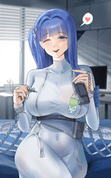 1girl ;d absurdres arcana_(nikke) blue_eyes blue_hair blunt_bangs bracelet breast_zipper breasts claws commentary covered_collarbone covered_navel cowboy_shot crossed_legs dress english_commentary full-length_zipper goddess_of_victory:_nikke hair_intakes heart highres indoors jewelry large_breasts long_hair long_sleeves looking_at_viewer monitor one_eye_closed one_side_up open_mouth pouch shadow sidelocks sitting smile solo spoken_heart teeth tight_clothes tight_dress titannon turtleneck turtleneck_dress underbust upper_teeth_only variant_set white_dress window window_blinds zipper zipper_dress