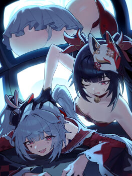 2girls :d anger_vein ass bare_arms bare_shoulders black_hat commentary distr dual_persona english_commentary facial_mark fox_mask grey_hair grey_panties grey_skirt hat highres honkai:_star_rail honkai_(series) long_sleeves looking_at_viewer mark_under_both_eyes mask mask_on_head mini_hat mini_top_hat miniskirt multiple_girls one_eye_closed open_mouth panties pantyshot red_panties skirt smile sparkle_(honkai:_star_rail) sparxie_(honkai:_star_rail) strapless top_hat underwear