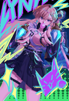 1girl black_nails black_skirt blonde_hair blowing_bubble_gum can chewing_gum commentary dual_wielding hair_between_eyes hair_ornament hashtag-only_commentary highres holding holding_can id_card long_hair lynae_(wuthering_waves) nail_polish psym_2cha purple_eyes shirt skirt skull_hair_ornament solo spray_can thigh_strap white_shirt wuthering_waves