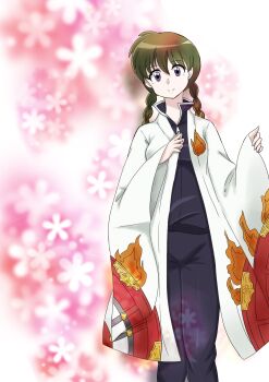 Rule 34 | 1girl, braid, breasts, brown hair, cosplay, flower, haori, highres, jacket, japanese clothes, kyoukai no rinne, long hair, mamiya sakura, pants, purple eyes, rokudou rinne, rokudou rinne (cosplay), smile