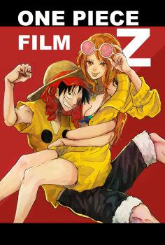 1boy 1girl aji_of_aji55 arm_around_waist bare_legs bikini black_hair black_shorts breasts cleavage coat devil_fruit_power elasticity feet_out_of_frame fur-trimmed_shorts fur_trim grin hat highres holding holding_removed_eyewear jewelry large_breasts legs long_hair looking_at_viewer monkey_d._luffy multicolored_bikini nami_(one_piece) necklace official_alternate_costume one_piece one_piece_film:_z orange_eyes orange_hair pink-tinted_eyewear shirt shorts shoulder_tattoo sitting sitting_on_lap sitting_on_person smile straw_hat extendable_limbs sunglasses swimsuit tattoo tinted_eyewear tongue tongue_out unworn_eyewear wavy_hair white-framed_eyewear yellow_coat yellow_shirt