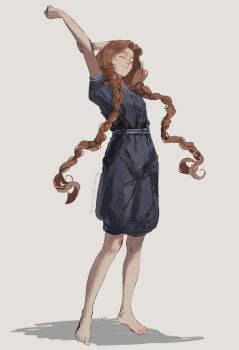 1girl barefoot blue_romper braid braided_ponytail closed_eyes closed_mouth floating_hair full_body gynger_edventray_(hiiragimare) highres hiiragimare hogwarts_legacy long_hair original parted_bangs red_hair romper simple_background solo standing stretching twintails white_background wizarding_world