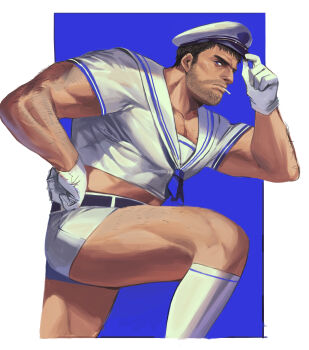 Rule 34 | 1boy, absurdres, bara, belt, black belt, black hair, chris redfield, closed mouth, facial hair, gloves, highres, large pectorals, looking at viewer, male focus, muscular, muscular male, official alternate costume, on (isk1812), pectorals, resident evil, resident evil: revelations, sailor collar, sailor shirt, shirt, short hair, short shorts, shorts, socks, solo, white gloves, white sailor collar, white shorts, white socks