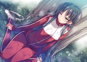 Rule 34 | 1girl, blush, horikita suzune, jacket, long hair, looking to the side, novel illustration, official art, one eye closed, open mouth, pants, rain, sitting, solo, tomose shunsaku, track jacket, track pants, track suit, tree, very long hair, wariza, wet, wet clothes, youkoso jitsuryoku shijou shugi no kyoushitsu e