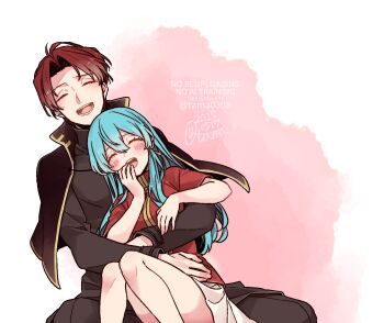 Rule 34 | 1boy, 1girl, 2025, aqua hair, black capelet, black shirt, blush, breasts, capelet, closed eyes, commentary request, couple, eirika (fire emblem), facing viewer, feet out of frame, fire emblem, fire emblem: the sacred stones, happy, hetero, high collar, hug, long hair, long sleeves, miniskirt, nintendo, open mouth, parted bangs, pink background, red hair, red shirt, sayu030b, seth (fire emblem), shirt, short hair, short sleeves, sitting, skirt, small breasts, smile, teeth, thighhighs, twitter username, two-tone background, watermark, white background, white skirt, zettai ryouiki