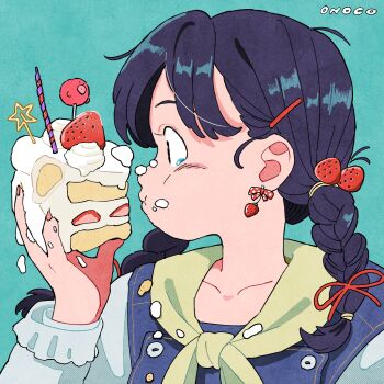 Rule 34 | 1girl, black hair, blue background, braid, buttons, cake, candle, cherry, commentary request, double-breasted, food, fruit, hair ornament, highres, long hair, onoconokoko0625, open mouth, original, solo, star (symbol), strawberry, twin braids, twintails, upper body