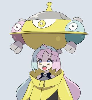 Rule 34 | 1girl, :d, bow-shaped hair, commentary request, gen 4 pokemon, grey background, grey shirt, highres, iono (pokemon), jacket, long hair, magnezone, multicolored hair, nintendo, on head, open mouth, pokemon, pokemon (creature), pokemon on head, pokemon sv, shadow (modeler3622), shirt, simple background, sleeveless, sleeveless shirt, smile, teeth, two-tone hair, upper body, upper teeth only, yellow jacket