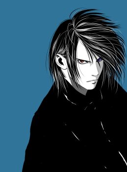 Rule 34 | 1boy, blue background, boruto: naruto next generations, collared cloak, commentary, furrowed brow, greyscale with colored background, heterochromia, highres, male focus, matsu (fu6ide2), naruto (series), red eyes, rinnegan, serious, sharingan, solo, spot color, uchiha sasuke, upper body