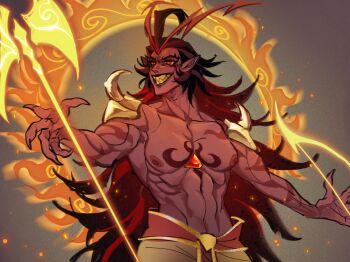 Rule 34 | 1boy, abs, axe, bare pectorals, battle axe, black hair, bow (weapon), burning spice cookie, cookie run, cookie run: kingdom, evil grin, evil smile, grin, highres, holding, holding axe, holding weapon, jugenxiannu196, long hair, male focus, muscular, muscular male, pectorals, sharp teeth, smile, teeth, very long hair, weapon