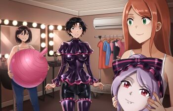 1boy 2girls absurdres animegao arms_at_sides ball black_bodysuit black_hair bodysuit bodysuit_under_clothes breast_padding brown_eyes brown_hair capelet commentary cosplay crossdressing crossdressing_(mtf) crotch_zipper elisabetlis english_commentary frills green_eyes highres holding holding_mask kigurumi latex latex_bodysuit latex_shirt looking_at_another mask mirror multiple_girls orange_hair original overlord_(maruyama) purple_hair red_eyes shalltear_bloodfallen shalltear_bloodfallen_(cosplay) shiny_clothes thighhighs