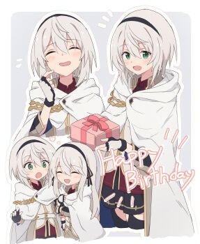 2girls ^_^ amnesia_(majo_no_tabitabi) avilia_(majo_no_tabitabi) black_gloves black_hairband black_skirt black_thighhighs blush box cape cloak closed_eyes commentary_request finger_to_cheek fingerless_gloves gift gift_box gloves green_eyes grey_background grey_hair hair_between_eyes hairband happy_birthday highres holding holding_gift long_hair majo_no_tabitabi multiple_girls multiple_views open_mouth outline pleated_skirt ribbon scratching_cheek shiroirosky shirt short_hair skirt smile thighhighs white_cape white_cloak white_hair white_outline
