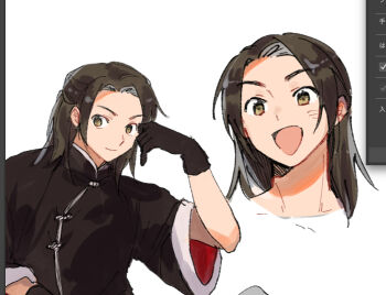 1boy axis_powers_hetalia black_gloves black_shirt blush brown_eyes brown_hair changpao china_(hetalia) chinese_clothes closed_mouth commentary_request gloves hand_on_own_head hand_up itohen_1106 long_hair long_sleeves looking_at_viewer male_focus mandarin_collar multiple_views official_alternate_costume official_alternate_hairstyle open_mouth shirt simple_background sitting smile unfinished upper_body white_background wide_sleeves