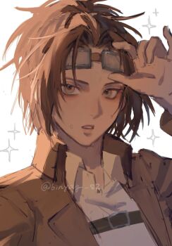 Rule 34 | 1other, adjusting eyewear, brown eyes, brown hair, brown jacket, collared shirt, commentary request, glasses, hange zoe, highres, jacket, looking at viewer, medium hair, pa hoi2, parted bangs, parted lips, ponytail, shingeki no kyojin, shirt, sparkle, sweat, twintails, upper body, white background, white shirt