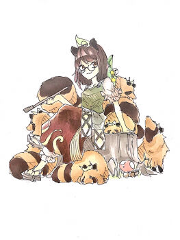 1girl animal_ears brown_eyes brown_hair commentary_request crossed_legs doggo_1d34 futatsuiwa_mamizou geta glasses green_shirt hat hat_bell kiseru leaf leaf_on_head on_tree_stump one-hour_drawing_challenge puffy_short_sleeves puffy_sleeves raccoon_ears raccoon_girl raccoon_tail red_skirt shirt short_sleeves simple_background sitting skirt smoking_pipe solo tail tanuki touhou white_background
