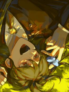 1boy blue_butterfly brown_hair bug butterfly collared_shirt commentary danganronpa_(series) dutch_angle glasses gokuhara_gonta grass highres insect jacket layered_sleeves long_hair long_sleeves looking_at_animal lying male_focus nebusokuuuuuuu necktie on_back open_mouth red_eyes red_necktie shirt smile solo suit_jacket symbol-only_commentary teeth tongue upper_teeth_only white_shirt