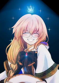 Rule 34 | 1girl, aesc (fate), aesc (rain witch) (fate), black bow, blonde hair, bow, braid, coccorope, commentary request, crown, fate/grand order, fate (series), floating crown, glasses, grin, hat, highres, holding, holding unworn clothes, holding unworn hat, long hair, robe, smile, unworn hat, unworn headwear, white robe