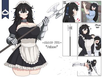 3girls ? absurdres apron armored_boots armored_gloves arrow_(symbol) black_hair blue_flower blue_ribbon blue_rose boots breasts character_name cleavage cropped_legs dress english_text flower formicid frilled_dress frills hair_between_eyes hair_flaps hair_ribbon halberd height highres holding holding_polearm holding_tray holding_weapon juliet_sleeves kicking korean_commentary large_breasts log long_sleeves maid maid_apron multiple_girls original polearm profile puffy_sleeves reference_sheet ribbon rose short_dress simple_background smile tall_female thighs tray weapon white_background