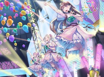 3girls :d anyoji_hime arm_up ascot balloon black_ribbon blonde_hair blue_eyes blue_hair blunt_bangs breasts brown_hair brown_shoes commentary dancing dream_believers dress flats flower frilled_dress frills fujishima_megumi glowstick gradient_hair green_ascot group_name hair_flower hair_intakes hair_ornament hair_ribbon highres holding holding_glowstick holding_microphone idol indoors kneehighs layered_dress leg_up link!_like!_love_live! long_hair love_live! medium_breasts microphone mira-cra_park! multi-tied_hair multicolored_hair multiple_girls official_alternate_costume open_mouth osawa_rurino parted_bangs penlight_(glowstick) pink_dress pink_flower pink_hair pinstripe_ascot ponytail purple_eyes revision ribbon saidamoosu shoes short_sleeves sidelocks smile socks stage swept_bangs teeth twintails two_side_up upper_teeth_only very_long_hair virtual_youtuber white_socks